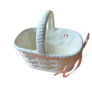 Vintage Easter Ceramic Basket White Glazed Wicker Weave Pink Bow DEB Small